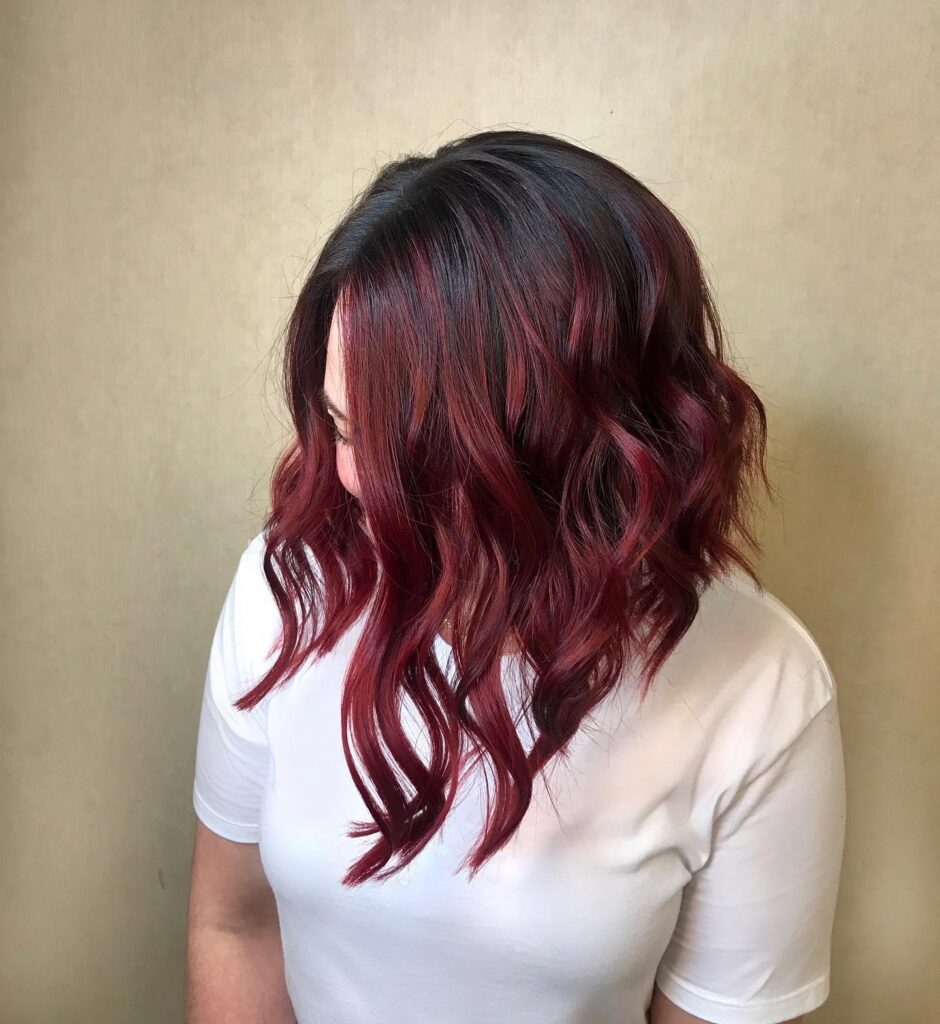 Thick Wavy Long Bob Hair With Burgundy Balayage