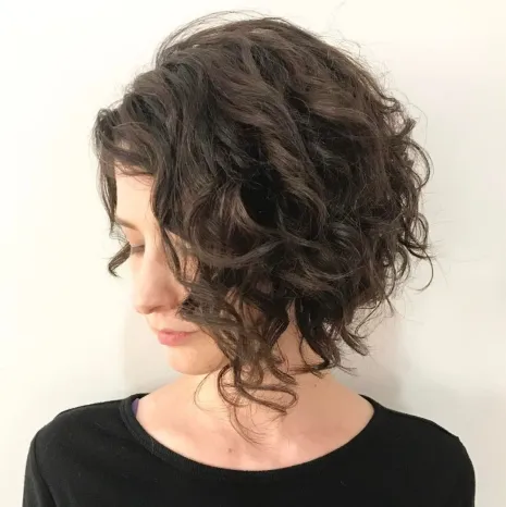 Asymmetrical Curly Brown Bob