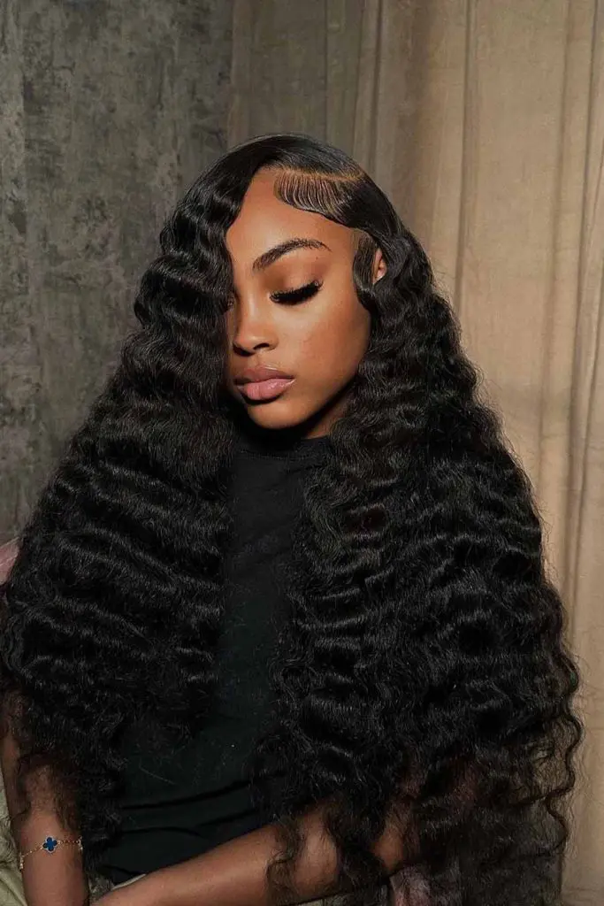 Long Crimped Deep Side-Parted Hair