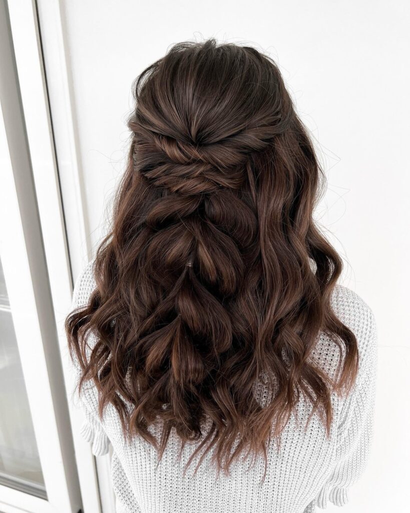 Half Up Half Down Pull-Through Braids on Wavy Brunette Hair