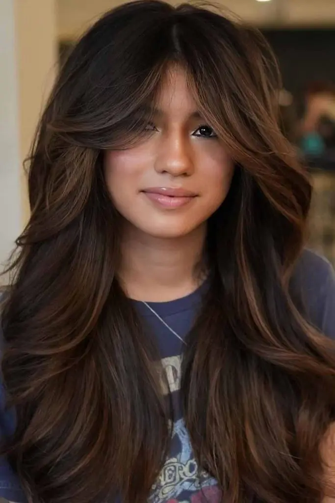 Brunette Hair With Soft Layers and Curtain Bangs