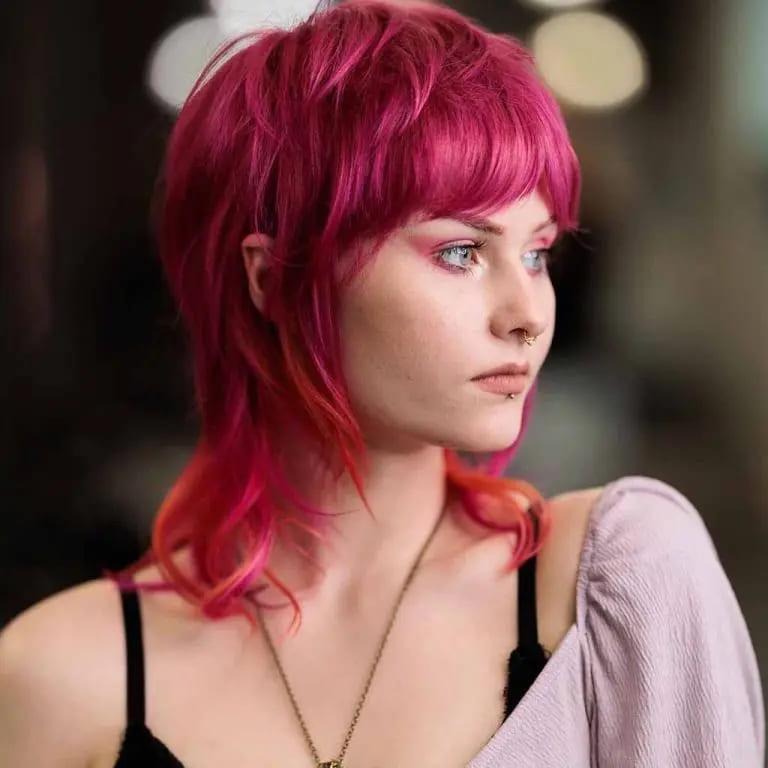 Pink Short Mullet Wolf Cut With Curtain Bangs