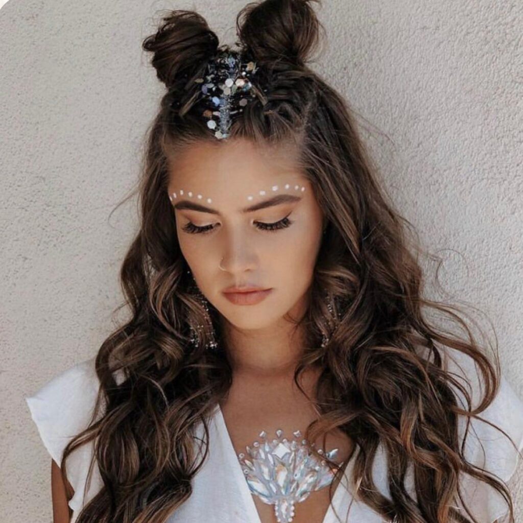 Long Wavy Hair With Half Up French Braids Into Space Buns