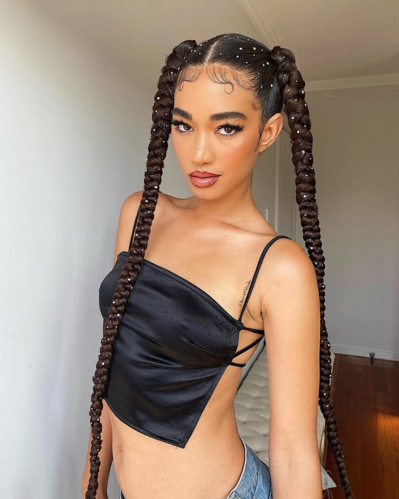 Long Sleek Braided Pigtails Decorated With Stones