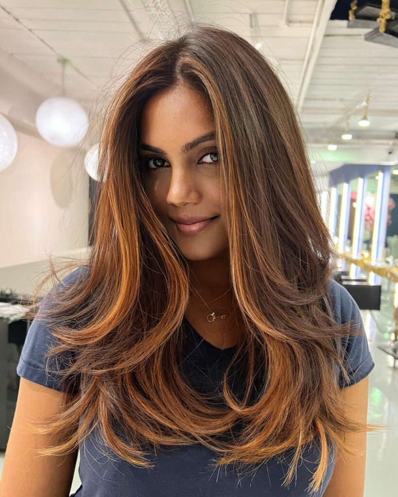 Chestnut Face Framing Highlights on Layered Hair
