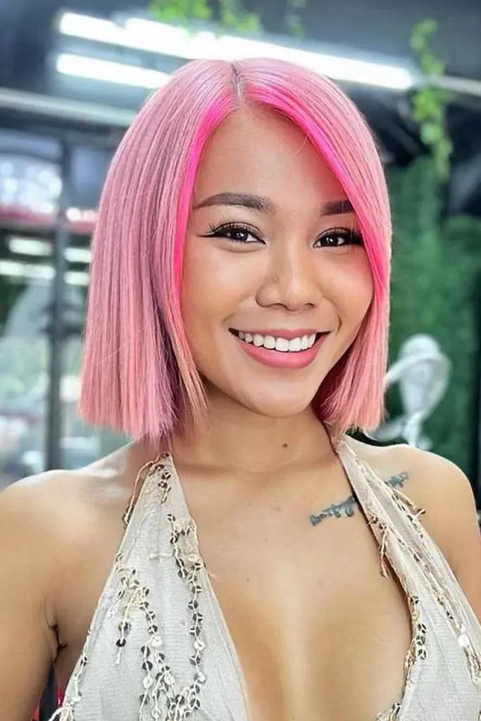 Straight Pink Bob With Neon Pink Money-Piece Highlight
