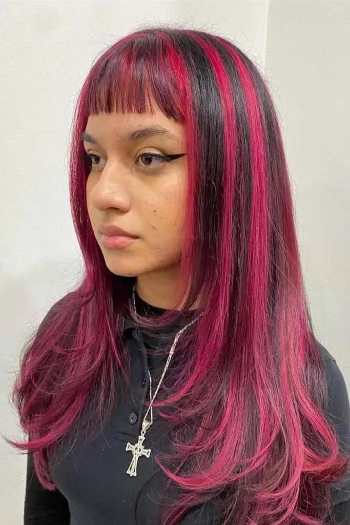 Black & Pink Chunky Highlights With Micro Blunt Bangs