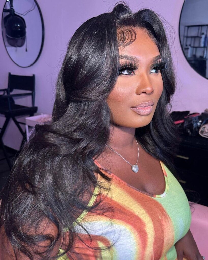 Middle Part Layered Hair With Extended Curtain Bangs