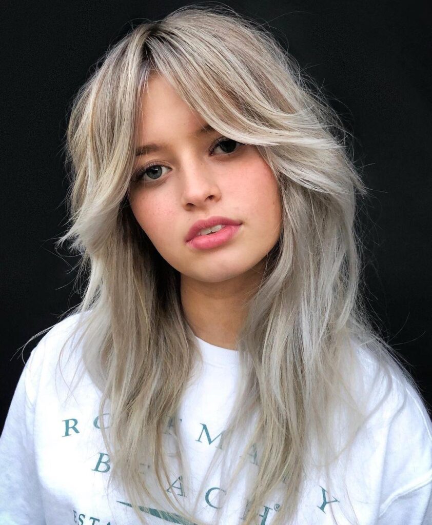 Curtain Bangs on Ash Blonde Shag Hair