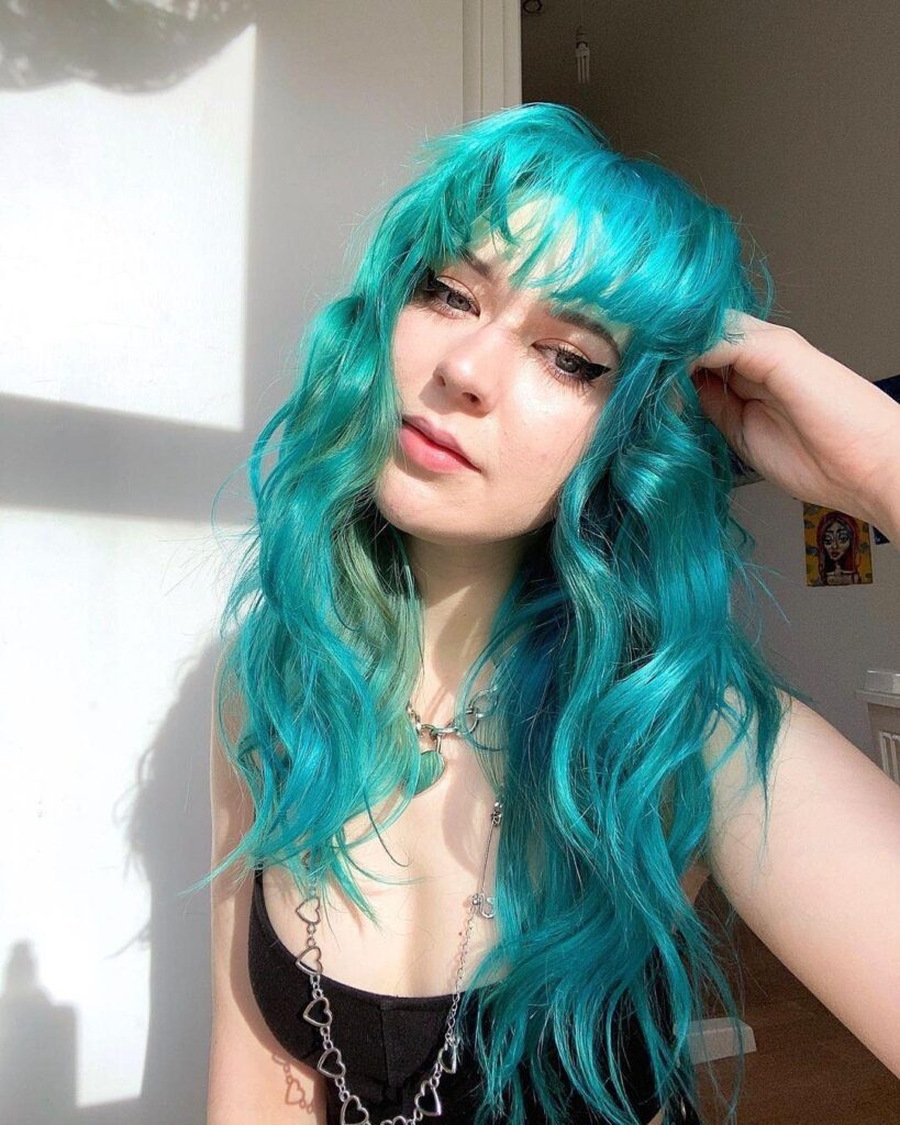 Wavy Sea Green Hair With Bangs