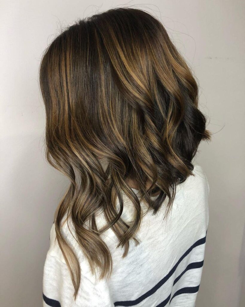 Brunette Caramel Balayage on Long Wavy Bob