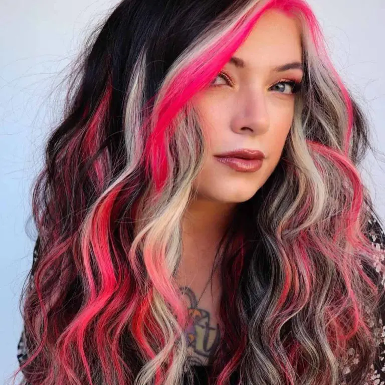 Red and Ash Blonde Chunks on Long Black Hair