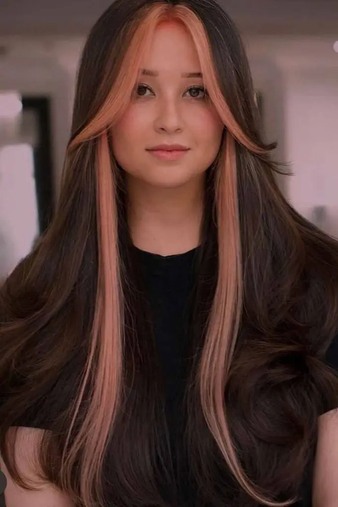 Pastel Peach Money Piece on Long Brown Hair