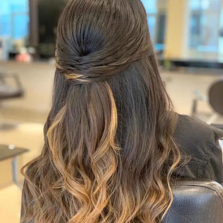 Long Brown Wavy Hair With Updo and Blonde Highlights