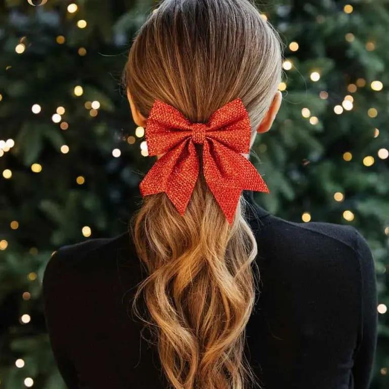 Long Blonde Wavy Ponytail With Big Christmas Bow