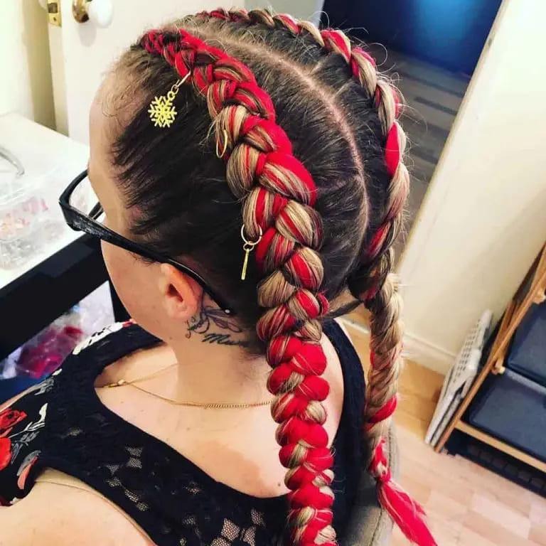 Christmas Hair With Crimson Red and Honey Blonde Dutch Braided Hair Extensions