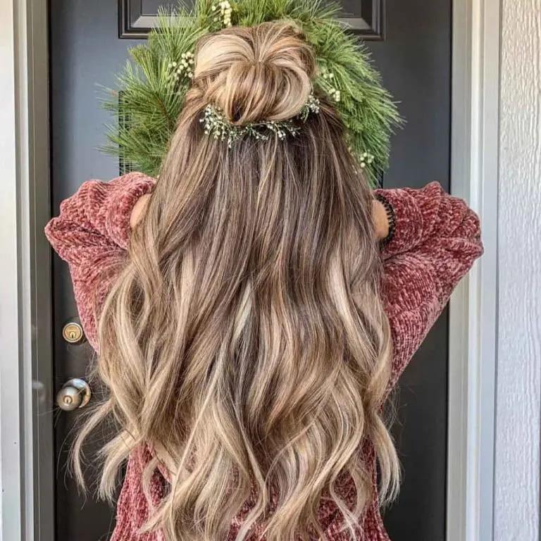 Long Wavy Blonde Hair With Top Knot Bun and Subtle Christmas Wreath