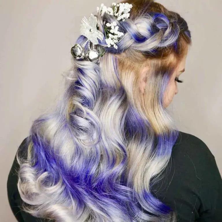 Decorated Silent-Night-Inspired Blue Orchid and White Balayage on Long Wavy Hair