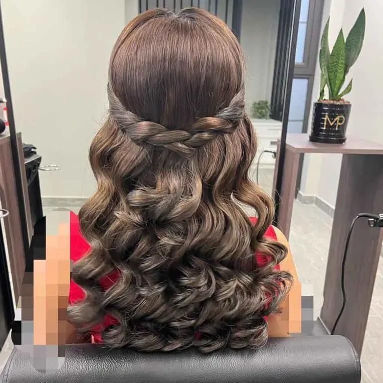 Half-Up Braided Hair With Wavy Curls on Long Brown Hair
