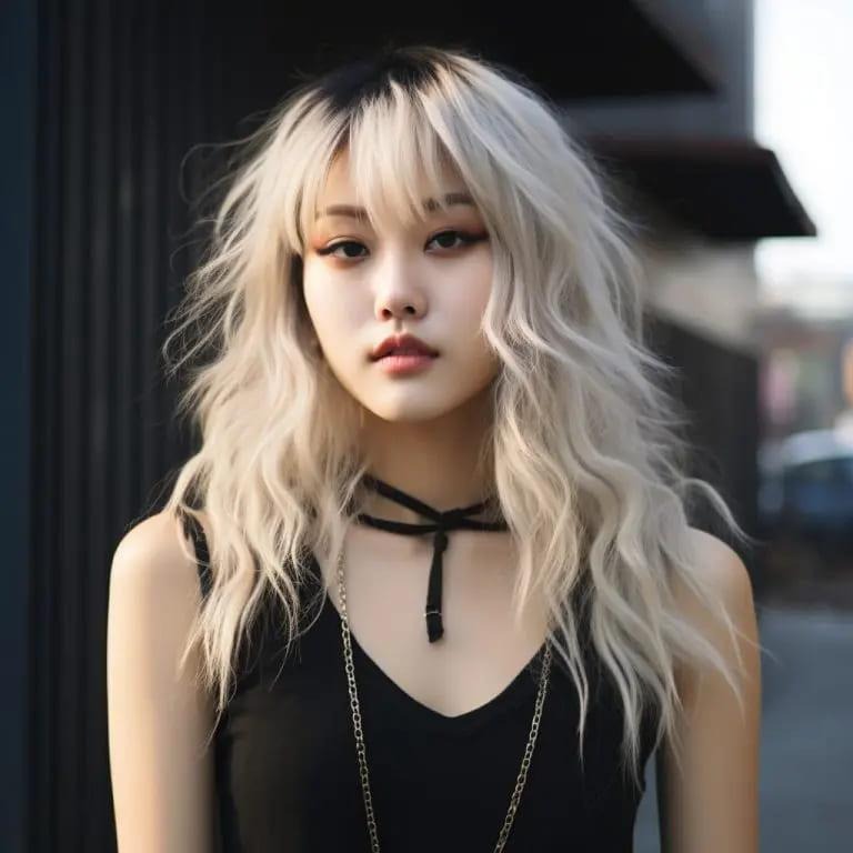 Blonde Wavy Wolf Cut With Sectioned Bangs and Chunky Crown Highlights