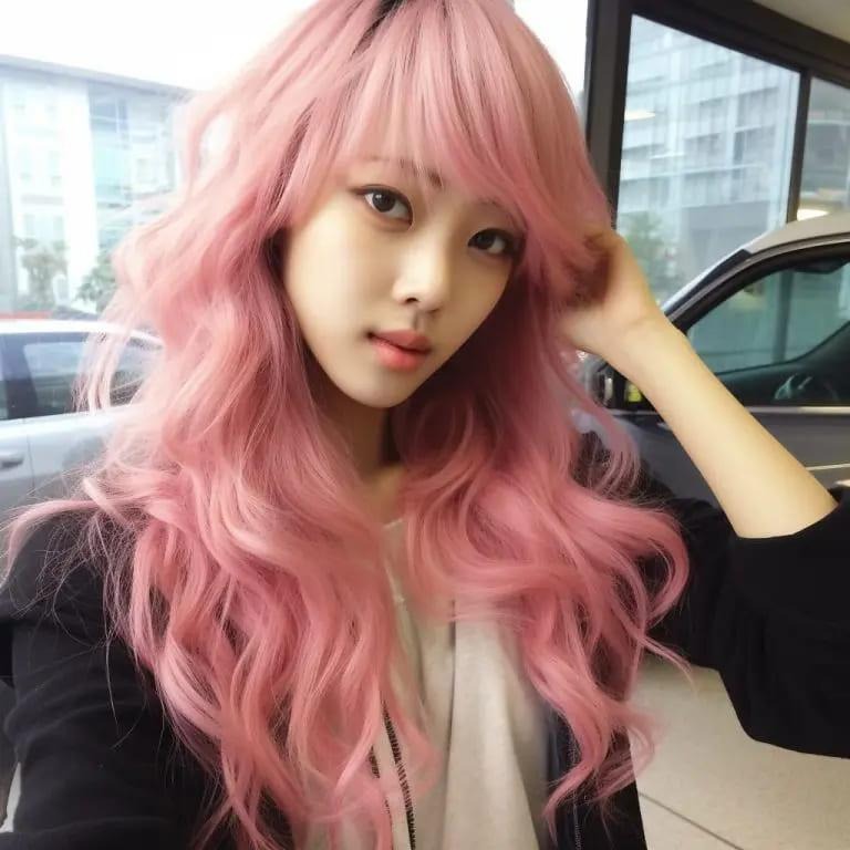 Long Light Pink Wavy Wolf Cut With Extended Bangs