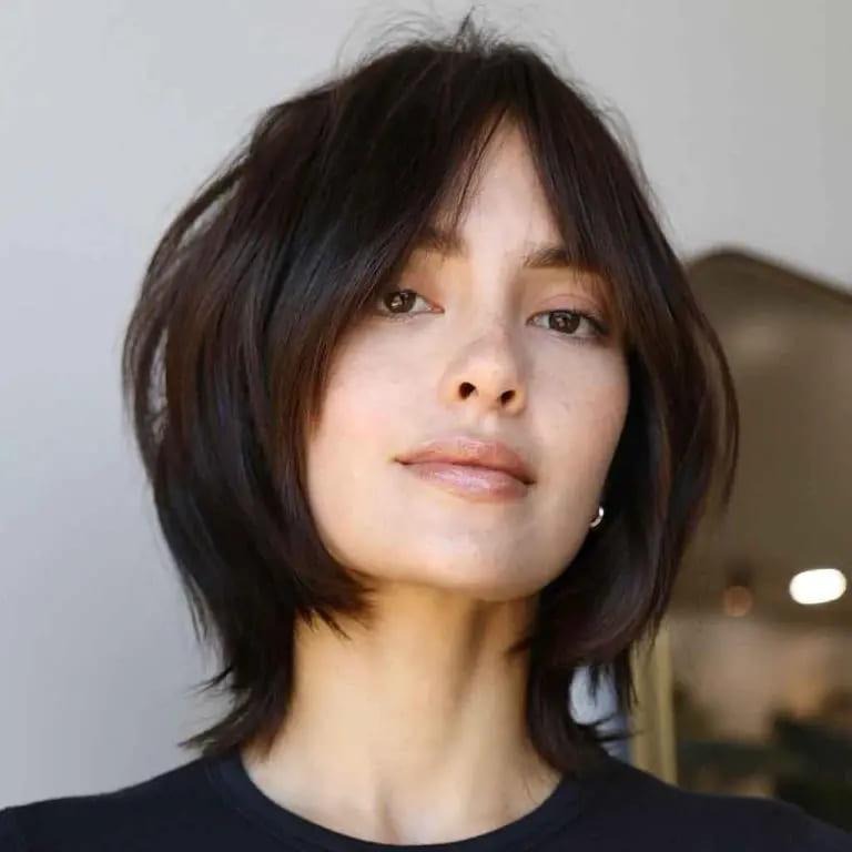 Mocha Brown Straight Wolf Cut With Face Layers and Curtain Bangs