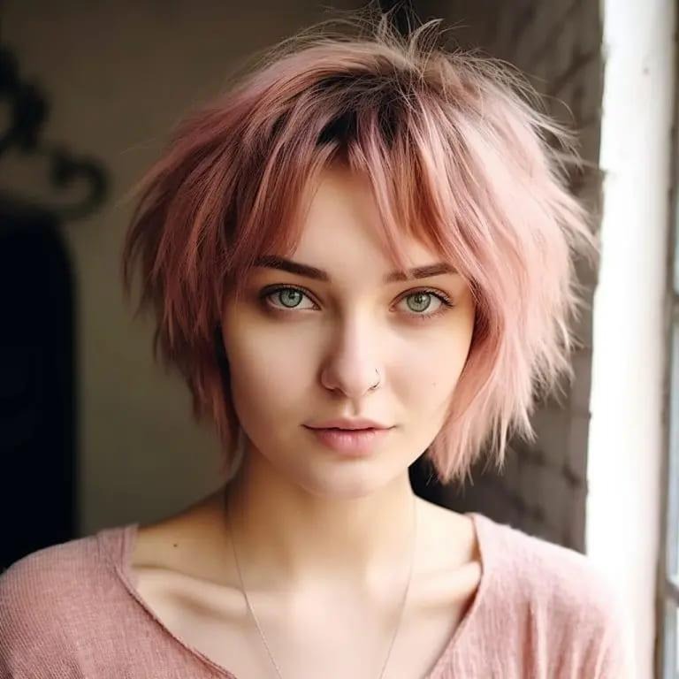 Wolf Cut on Short Misty Rose Pink Hair With Choppy Curtain Bangs