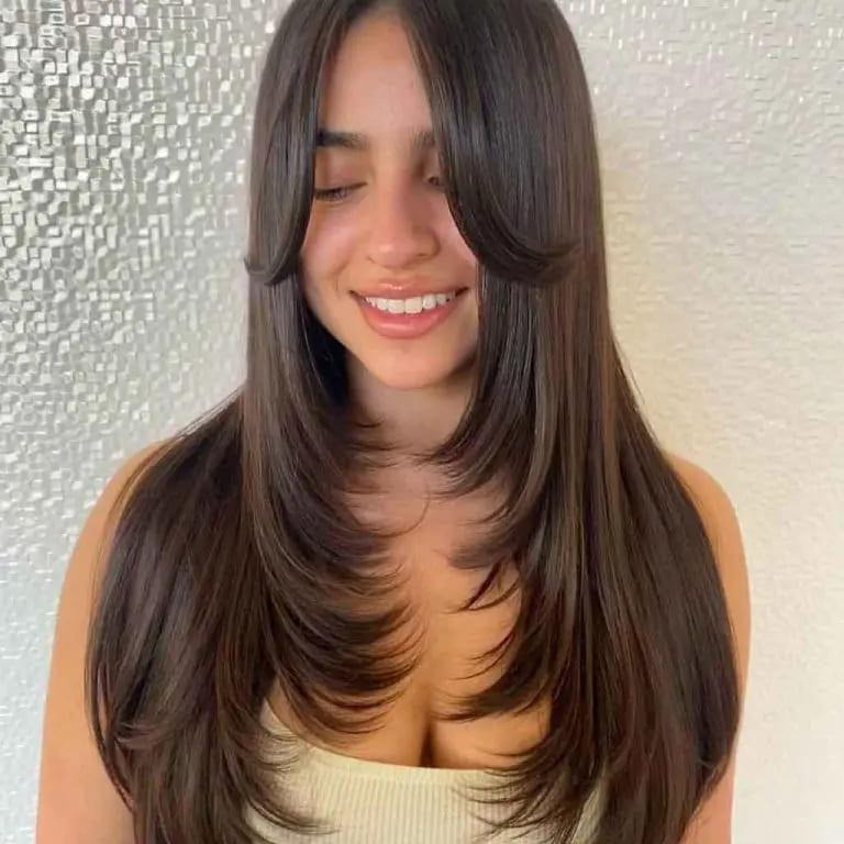 Long Brunette Hair With Face Framing Layers Flirty Fringe