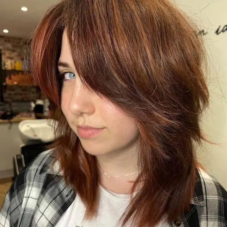 70s Style Balayage Wolf Cut With Side Swept Bangs