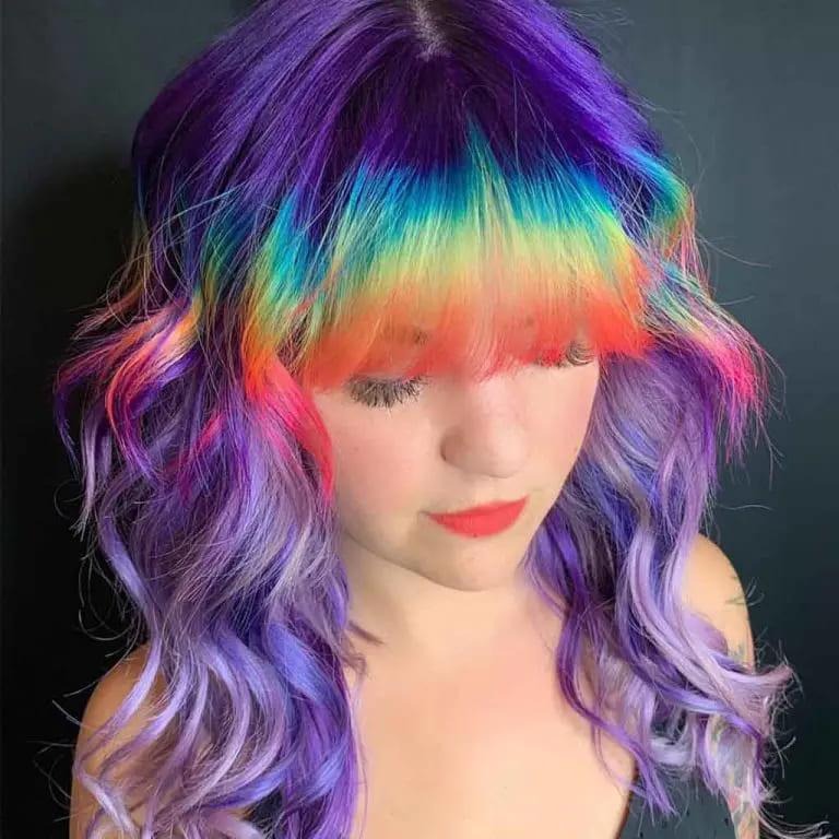 Wavy Purple Wolf Cut With Rainbow Colored Clip-On Bangs