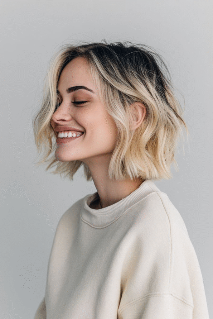 Wavy Blonde Bob with Dark Roots