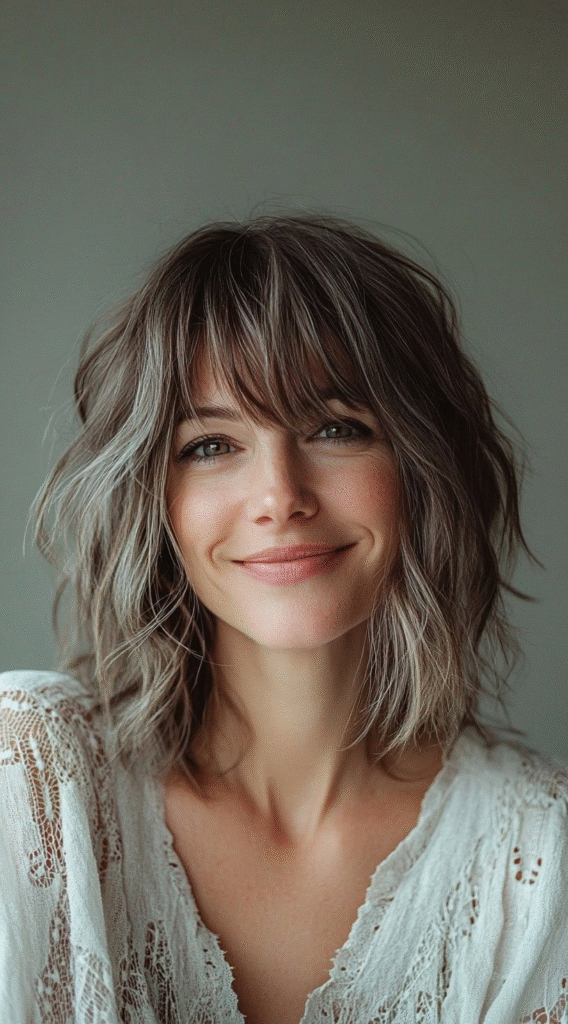 Wavy Lob with Bottleneck Bangs