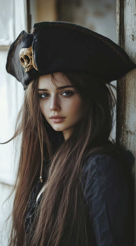 Long Straight Hair Styled with Volume and a Pirate Hat