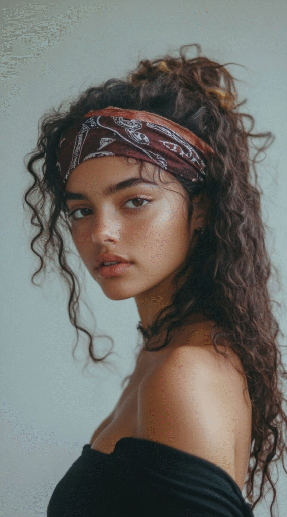 High Curly Ponytail with a Bandana