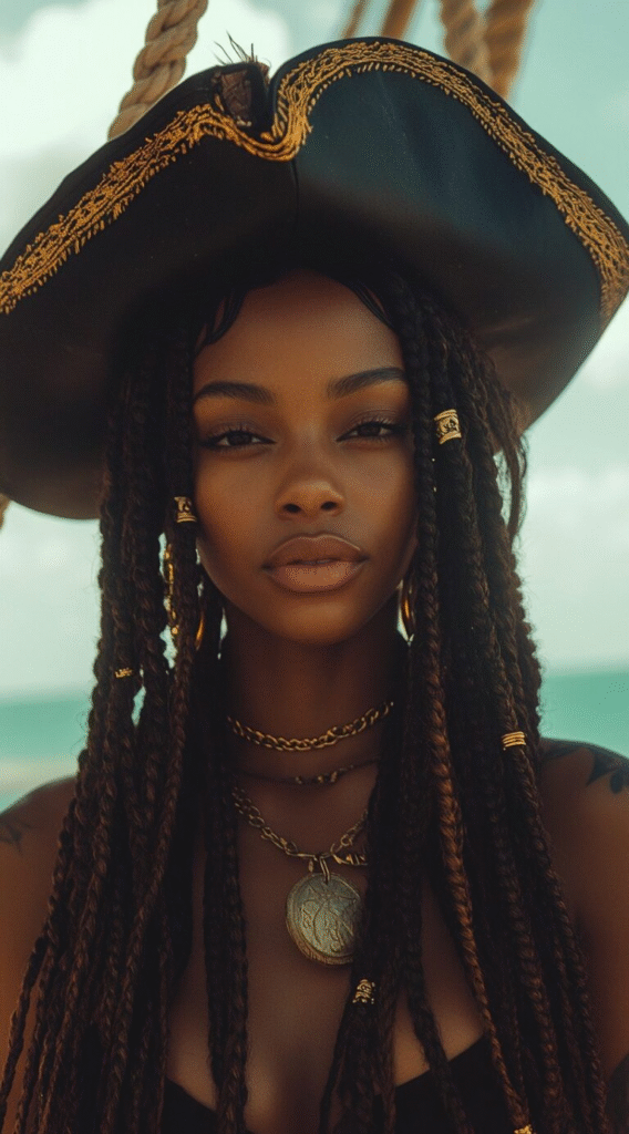 Box Braids with Decorations and a Pirate Hat