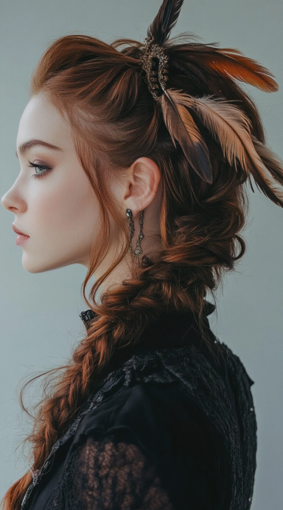 Loose Cascading Braid Adorned with Feathers