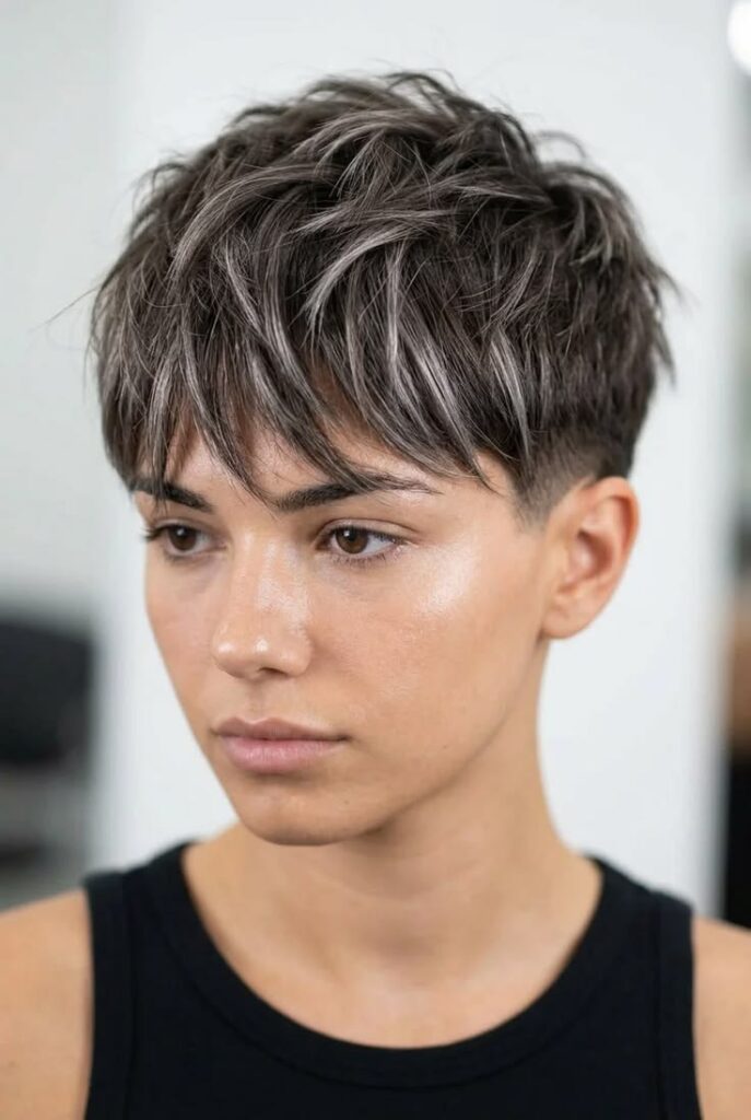 Textured Brown Pixie with Silver Highlights