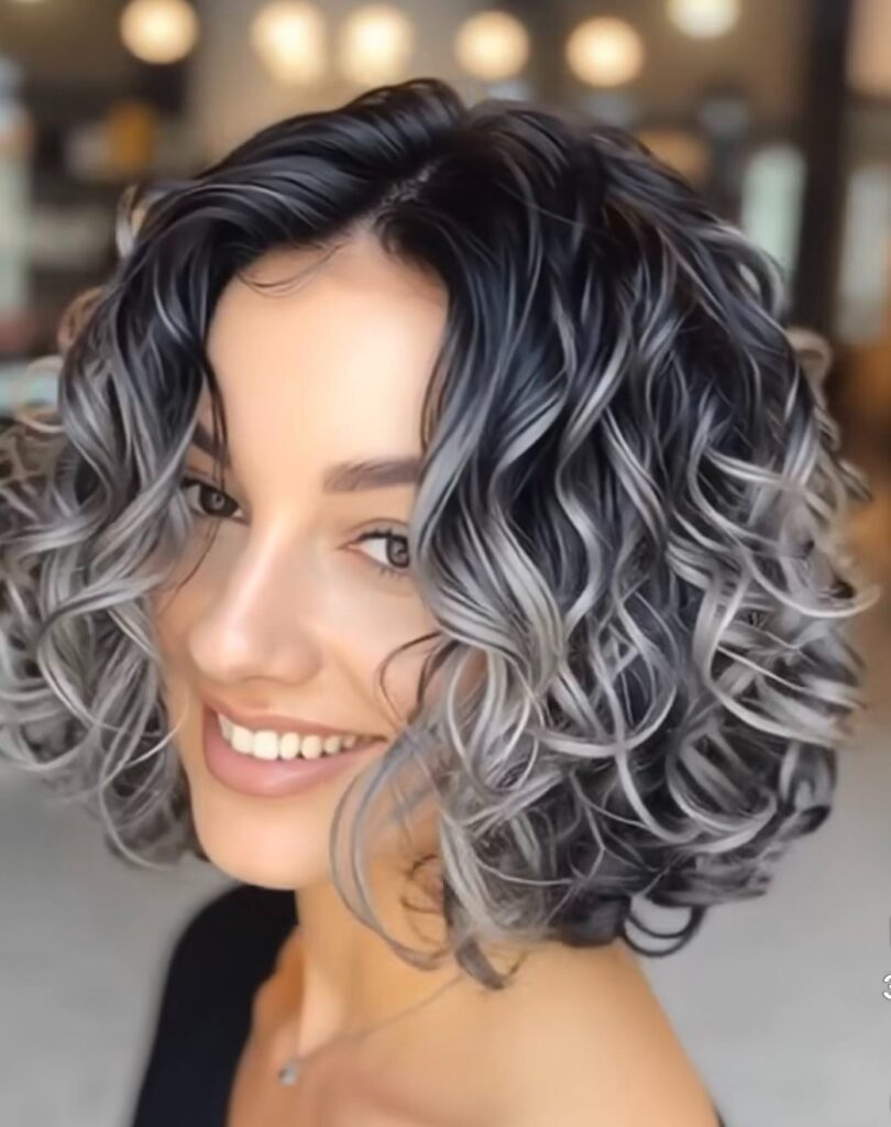 Voluminous Curls with Silver Highlights