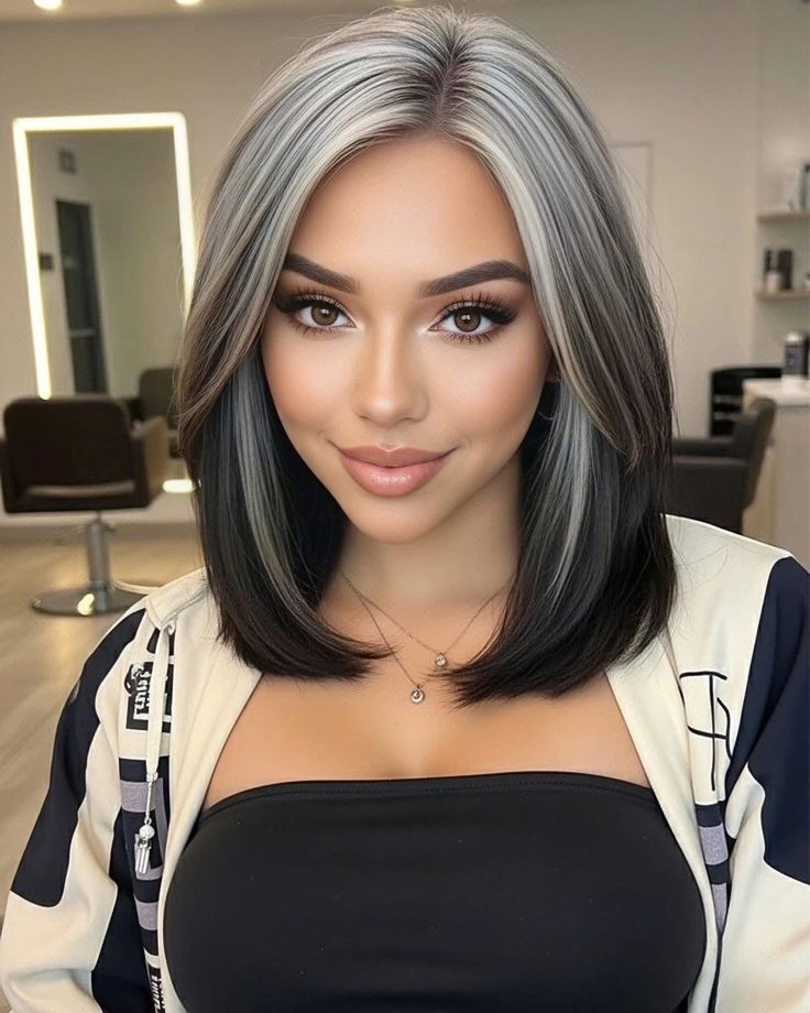 Sleek Brown Roots Bob with Silver Highlights