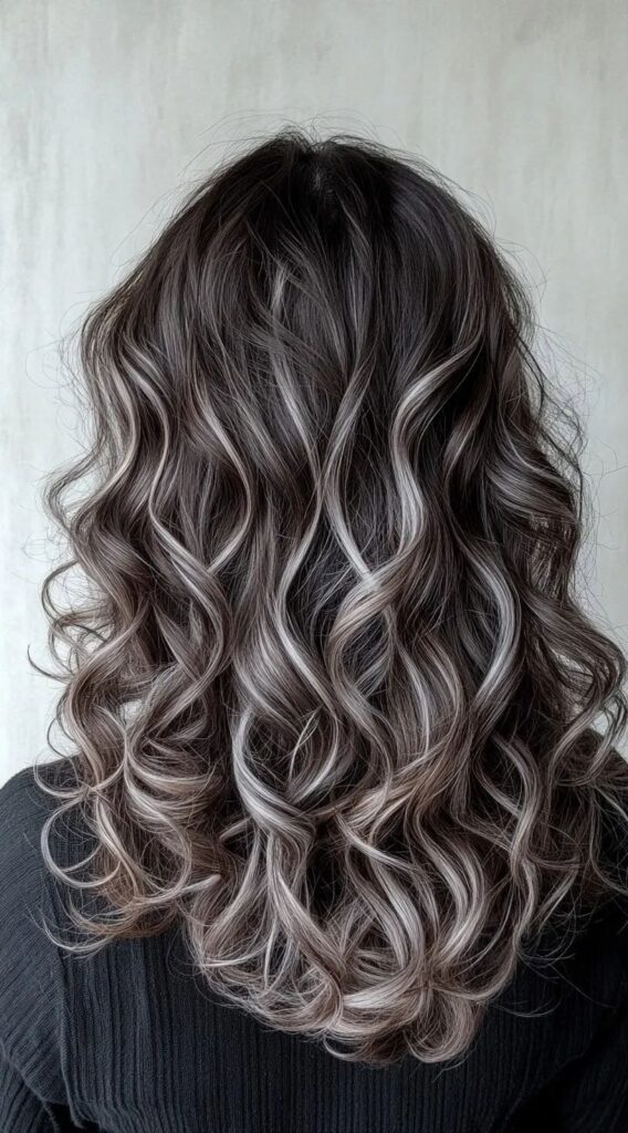 Dark Brown Curls with Silver Highlights