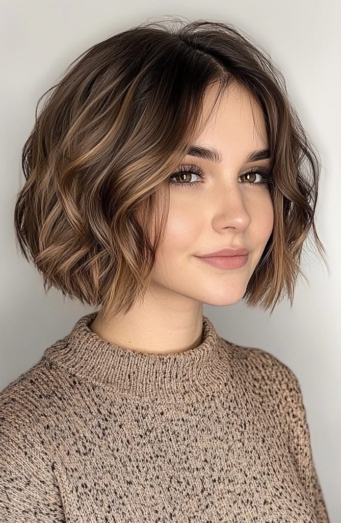 Softly Textured French Bob in Warm Honey Brown