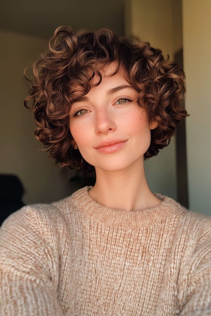 Curly Layered Pixie in Golden Brown