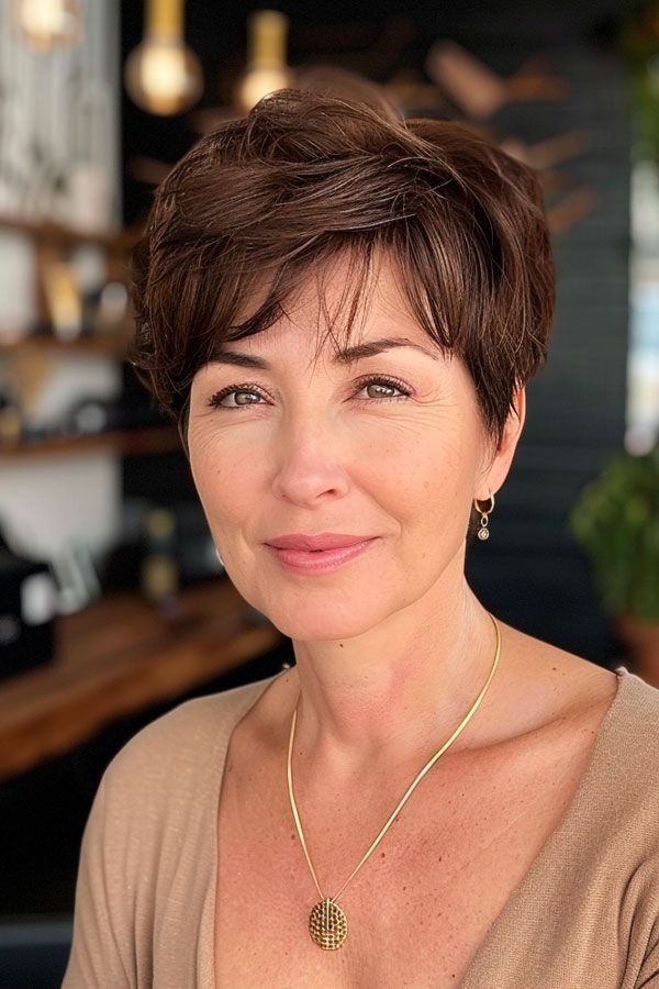 Soft Layered Pixie – Warm Espresso Brown