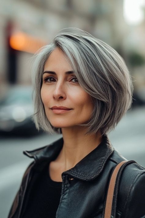 Shoulder-Length Gray Bob with Side Part