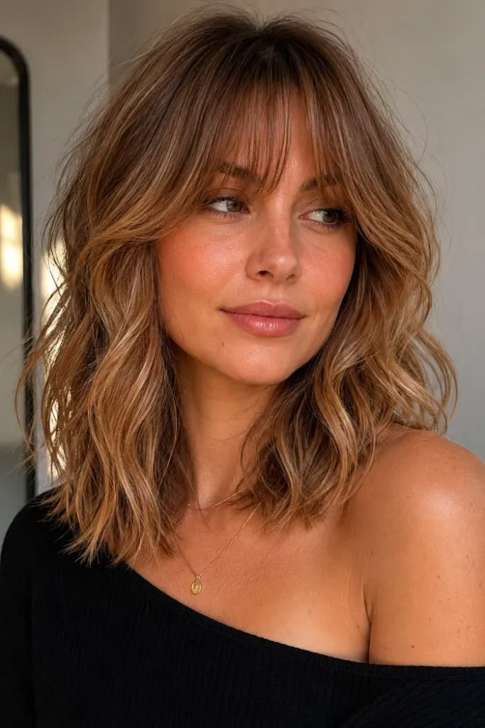 Wispy Bangs with a Medium-Length Caramel Melt