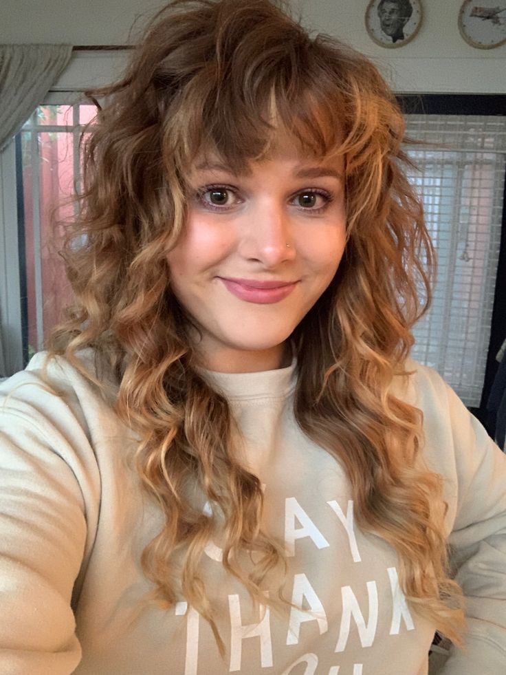 Curly Shaggy Light Brown Wolf Cut With Messy Bangs