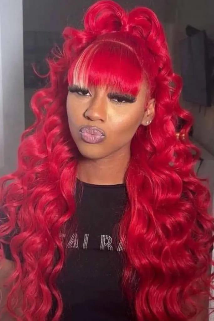  Playful Red Weave With Soft Curls and Fringe