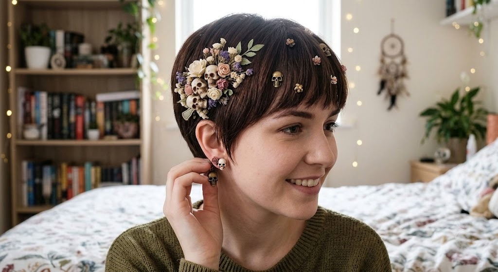 Cute Pixie Cut Adorned with Skull and Flower Accessories