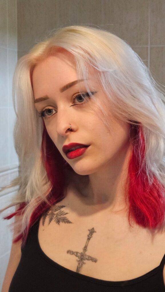 Middle-Parted Platinum Blonde with Red Horns