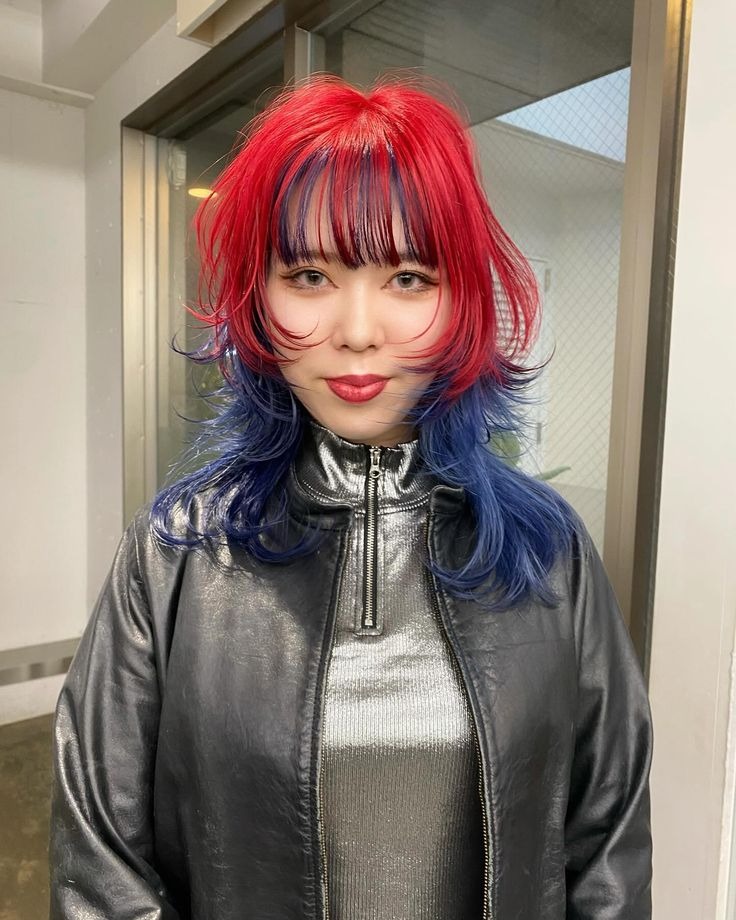 Neon Red and Blue Ombre Waves with Wispy Bangs
